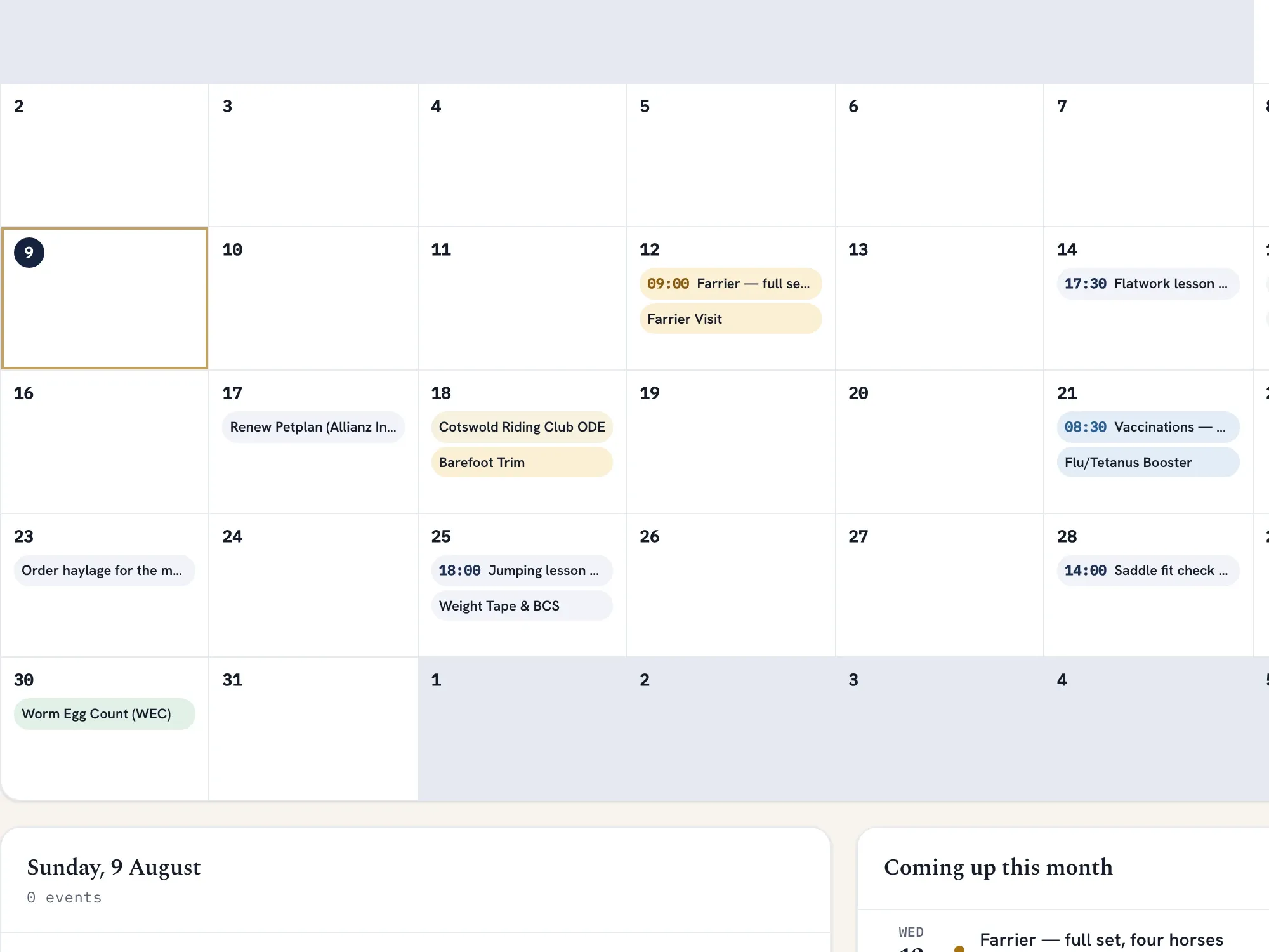 The month calendar with farrier, vet and competition entries laid out across the weeks.