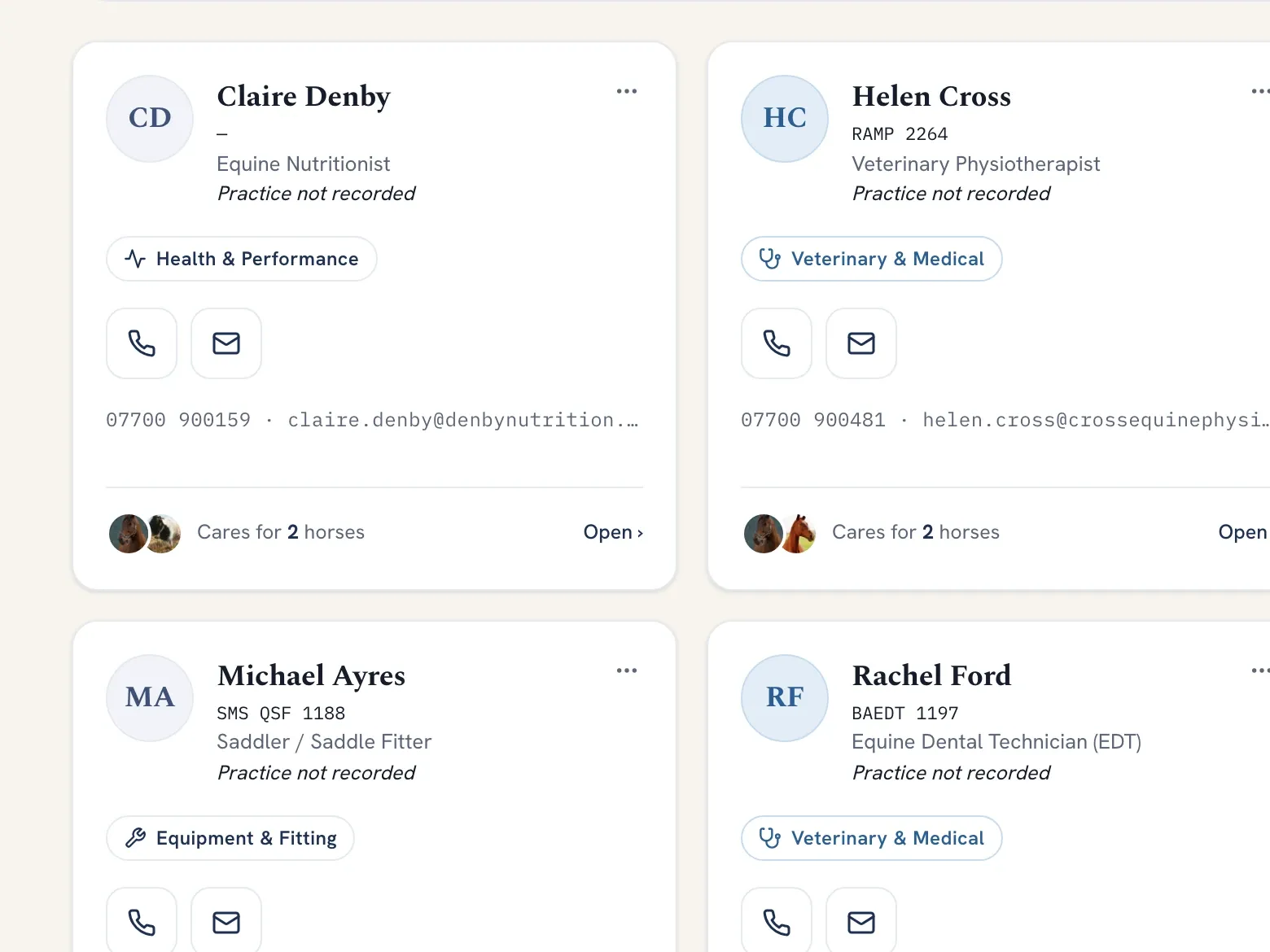 Contact cards for a farrier and an equine dental technician, each showing which horses they care for.