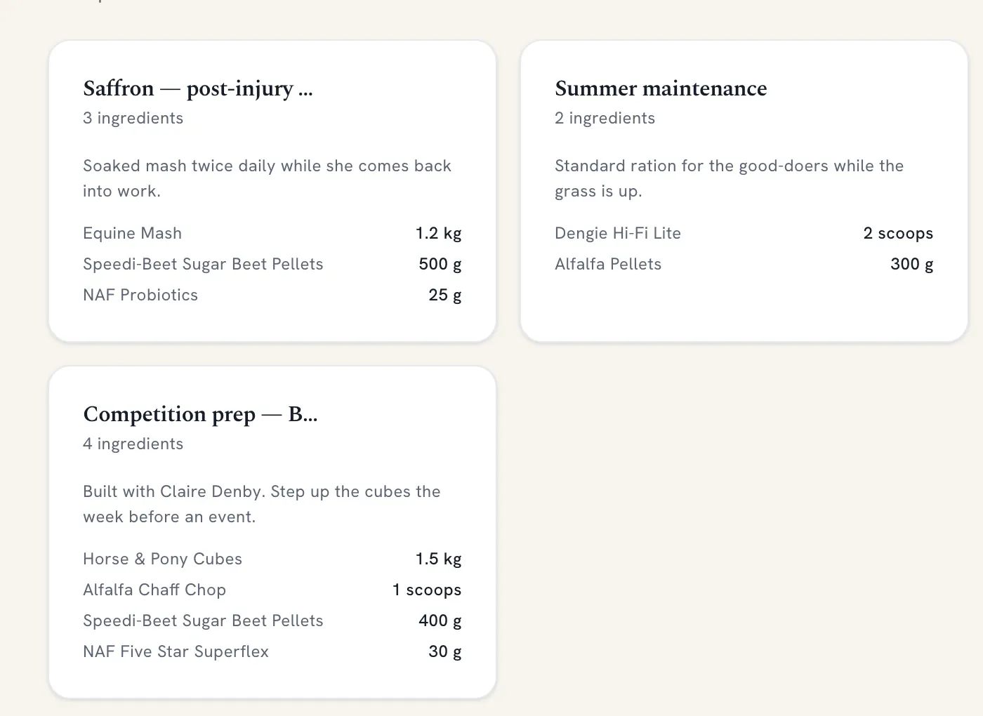 Feed recipe cards listing each ingredient and quantity for a competition and a maintenance ration.