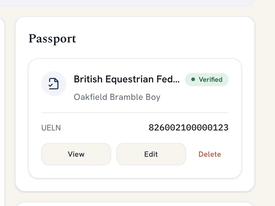 A horse's passport record, showing the issuing organisation, registered name and UELN.