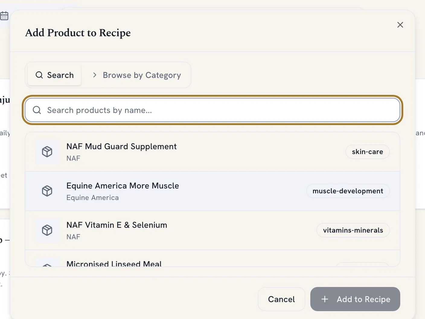 The equine product catalogue, searchable by name and filtered by category, ready to add to a feed recipe.